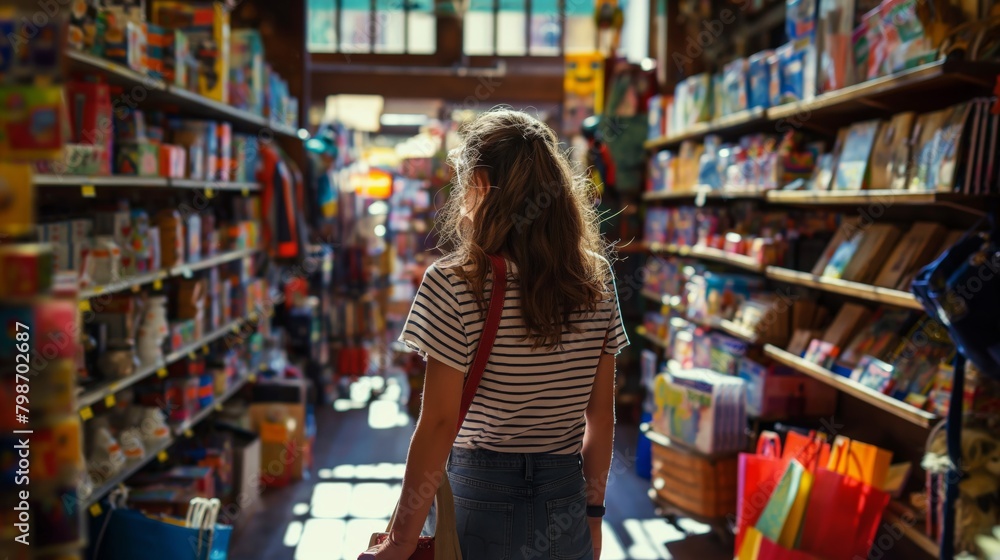 Young woman shopping from behind, examining different products on vibrant supermarket shelves under cozy, ambient lighting