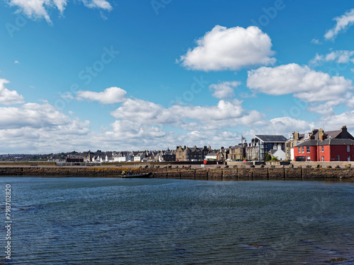 Looking from Broughty Ferry Castle Harbour towards the Town and Beach Crescent with the Houses and Apartments lining the Shoreline.