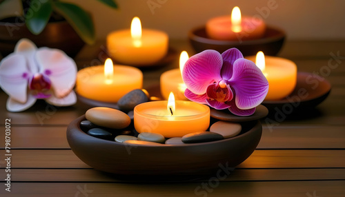 aromatic candles and an orchid flower in a bowl, with a soft and calming color palette 