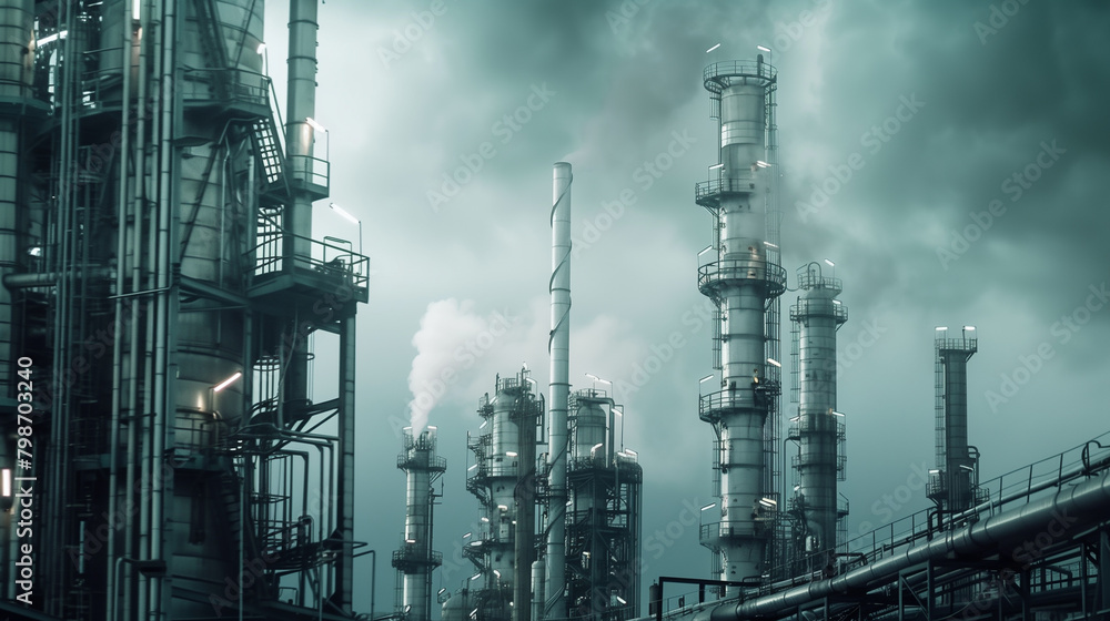 modern petrochemical plant with reactors and converters under heavy sky with copy space modern petrochemical plant with reactors and converters under heavy sky with copy space