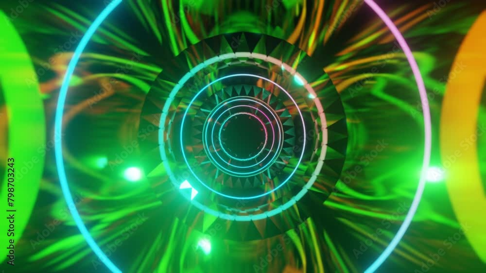 Abstract background 3D animation moving through shiny glass metal and neon lights tunnel, loop Abstract background 3D animation moving through shiny glass metal and neon lights tunnel, loop