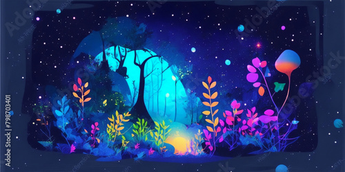 A deep forest landscape at night glowing plants, Avatar pandora forest in deep space, magic, alien forest, outer world plantation, vibrant colors, white background, magic splash, Generative Ai.
