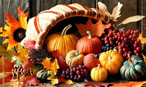 Family dining room table set with delicious golden roasted turkey on platter garnished rosemary fresh small pumpkins