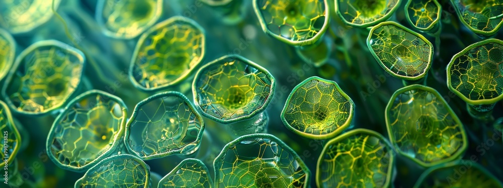 A vibrant background showcasing magnified plant cells with visible chloroplasts and cell walls.