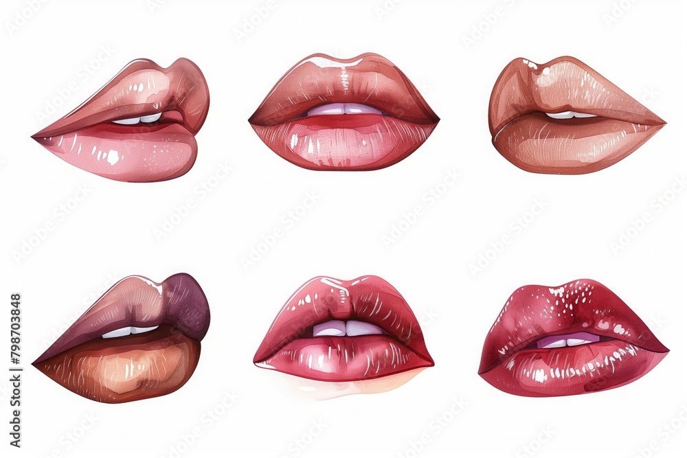 Obraz premium Set of mouths with beautiful make-up isolated on white. Red lipstick