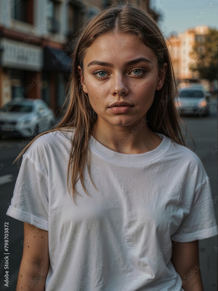 Young beautiful girl in a white blank T-shirt on the street. Mockup design concept