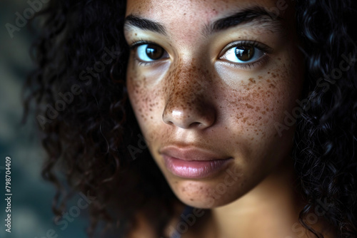 Young girl close-up looking to the camera has vitiligo spots on her face.