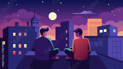 Amidst the chaos of the city two friends find solace on a rooftop their words carrying weight and meaning in the stillness of the night.. Vector illustration