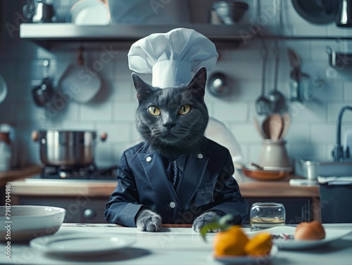 Cat in Chef Attire in a Professional Kitchen 