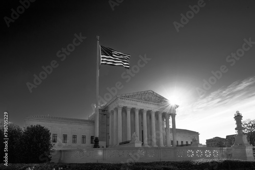 U.S. Supreme Court Building with Blue Sky with the sun in black and white, Washington DC, USA