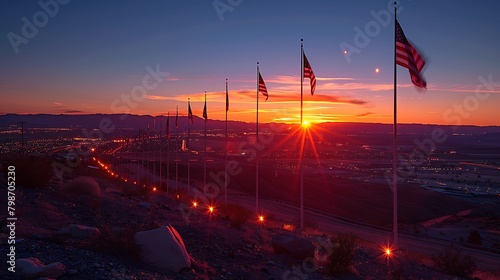 A powerful visual of the USA flag at half-mast during a sunset, serving as a somber and respectful tribute for national commemoration days. photo