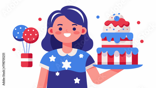 A young girl proudly showing off her homemade red white and blue ice cream cake decorated with patriotic shapes and symbols.. Vector illustration
