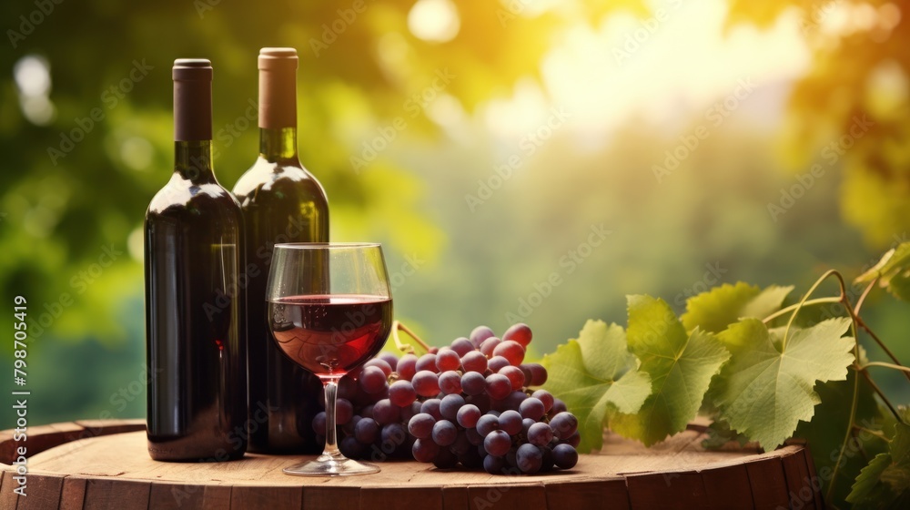 Tasty wine on wooden barrel on grape plantation background