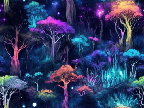 A deep forest landscape at night glowing plants, Avatar pandora forest in deep space, magic, alien forest, outer world plantation, vibrant colors, white background, magic splash, Generative Ai.