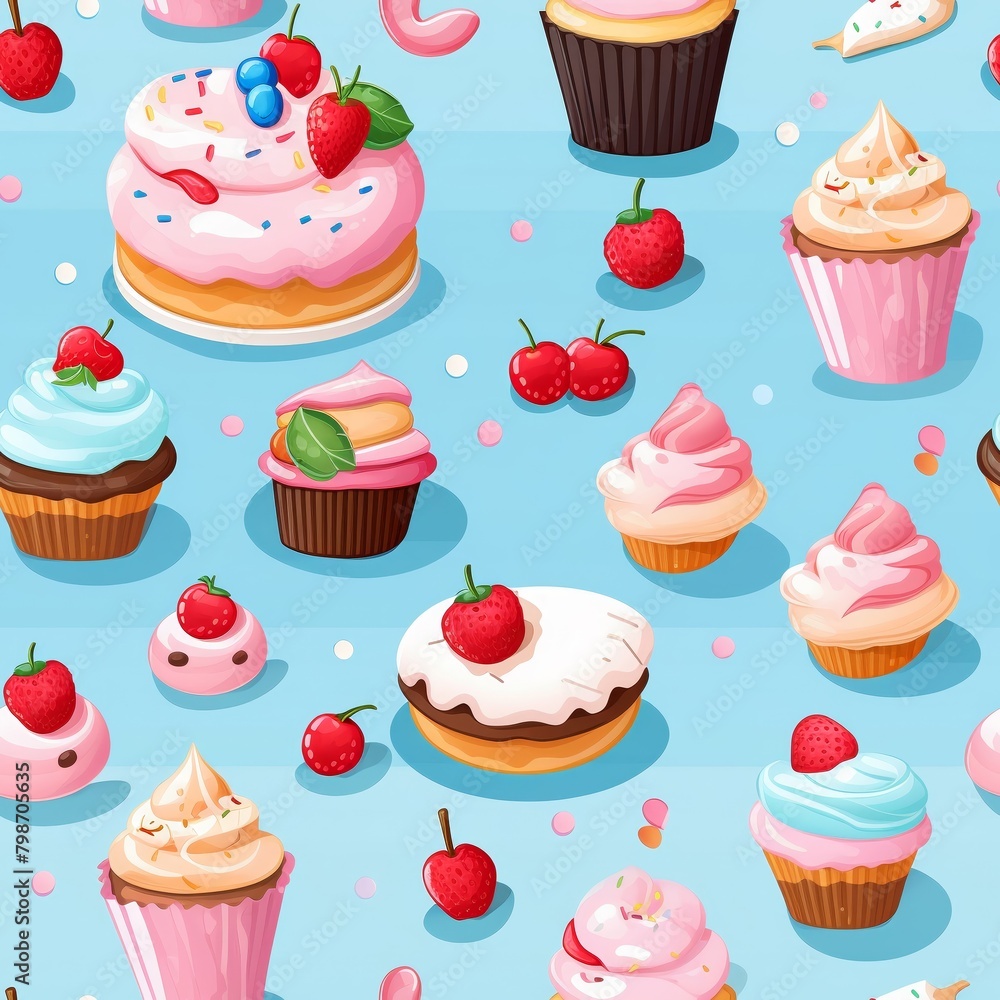A seamless pattern of cupcakes and cherries on a blue background A seamless pattern of cupcakes and cherries on a blue background