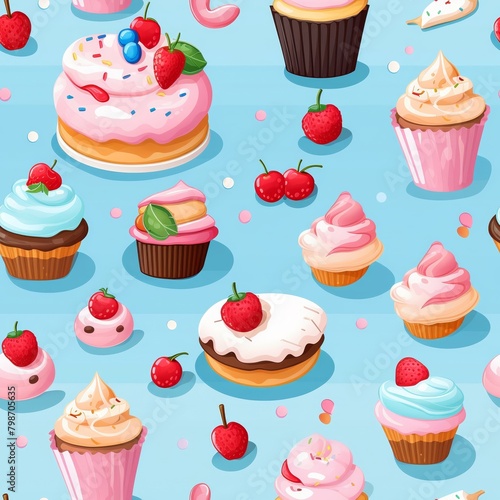 A seamless pattern of cupcakes and cherries on a blue background