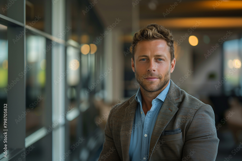 A businessman's business portrait showcases him in a sophisticated suit, exuding authority in a stylish office setting. A businessman's business portrait showcases him in a sophisticated suit, exuding authority in a stylish office setting.