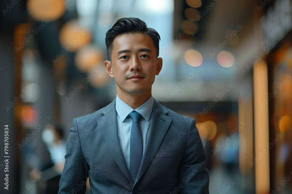 In a stylish office setting, a middle-aged Asian businessman exudes confidence in his chic portrait, donning a sophisticated suit. In a stylish office setting, a middle-aged Asian businessman exudes confidence in his chic portrait, donning a sophisticated suit.