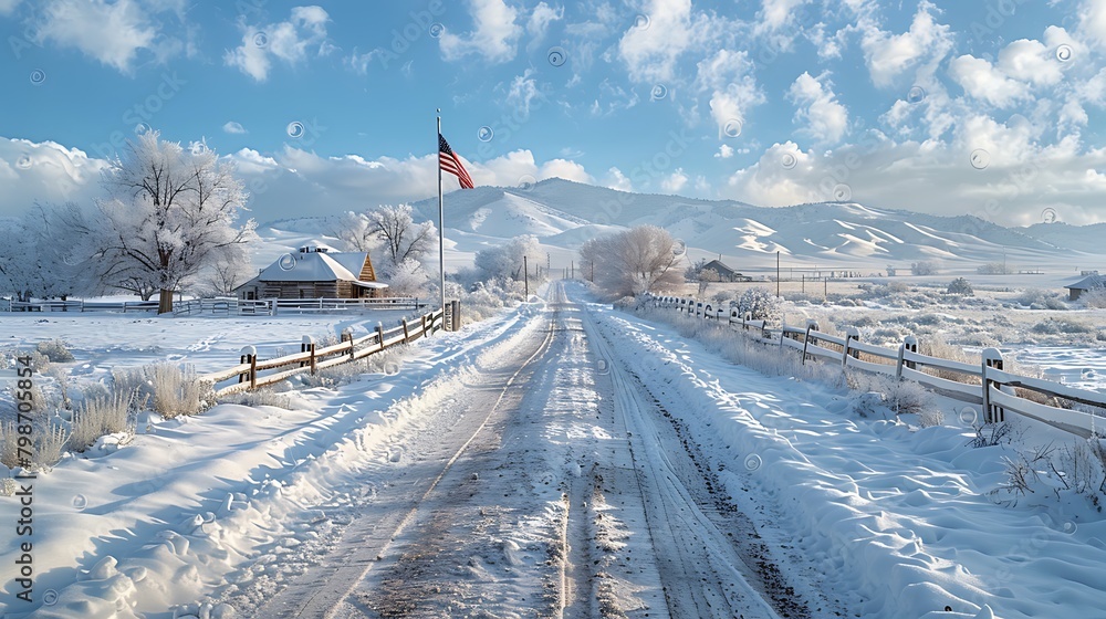A picturesque winter tableau with the USA flag draped across a snow-covered landscape, showcasing the nation's perseverance through the winter season. A picturesque winter tableau with the USA flag draped across a snow-covered landscape, showcasing the nation's perseverance through the winter season.