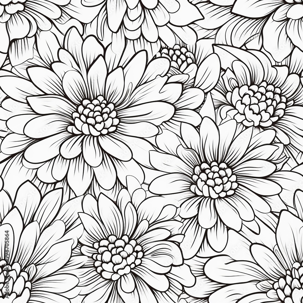 Child's coloring page featuring large, fun flowers, low detail black outlines on white