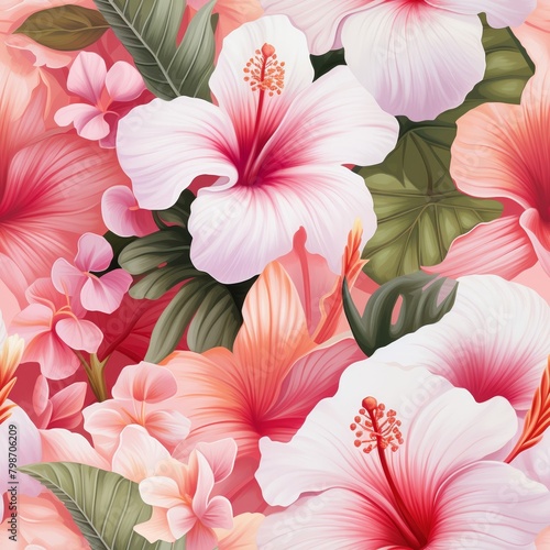 Lush pink and white hibiscus flowers with green leaves create a vibrant tropical pattern  perfect for a summery theme.