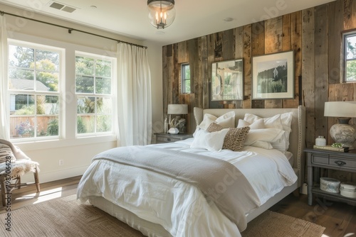 bedroom with a reclaimed wood accent wall