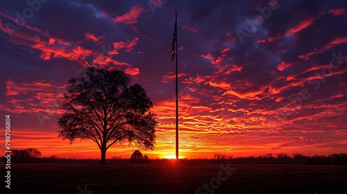 A somber tribute with the USA flag at half-mast against a poignant sunset backdrop, ideal for Memorial Day or Veterans Day commemorations. photo