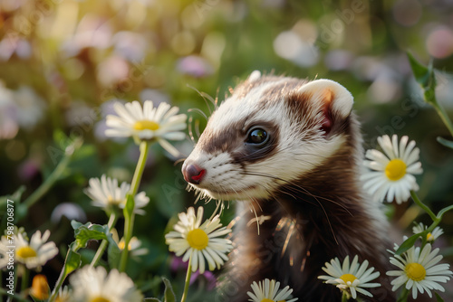 A ferret in a field filled with white and yellow flowers
