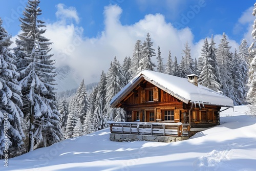 Wooden cabin surrounded by fir trees on a snowy mountain slope © Fitry