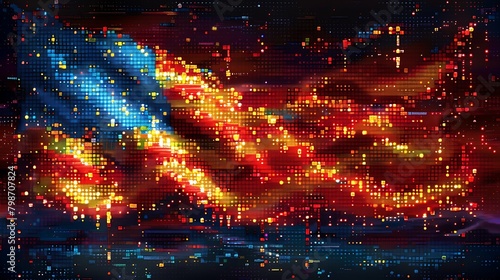 A vibrant digital pixel art rendition of the USA flag  designed for tech-related themes and digital media  showcasing a modern pixelated effect.