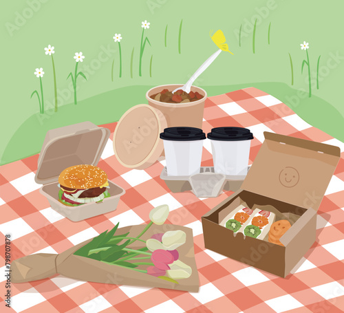 Picnic with snacks and tulip on green lawn illustration.