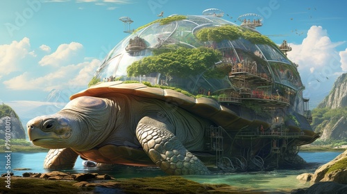 Futuristic space habitat with a sea turtle swimming in a lush, alien jungle