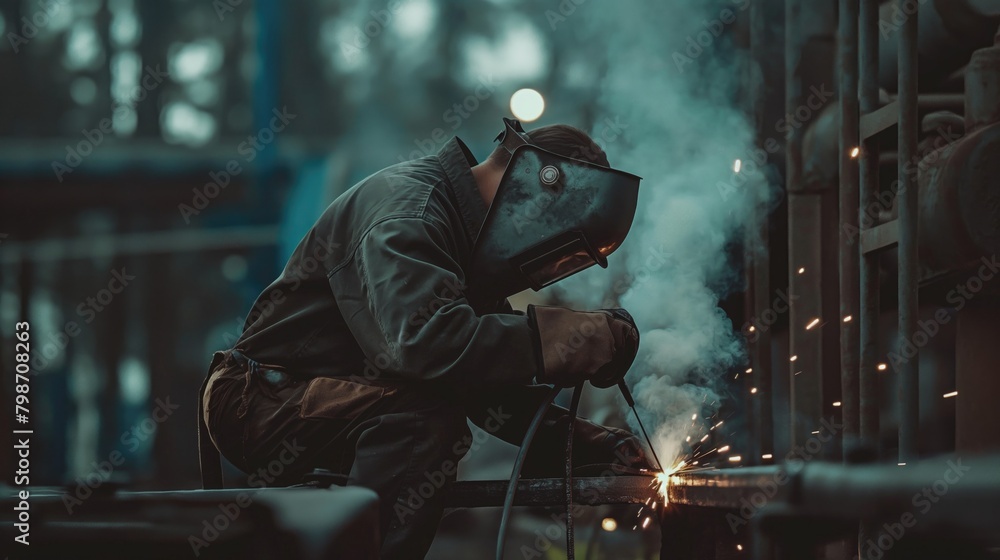 Welder working on an industrial plant or factory welding technological process Welder working on an industrial plant or factory welding technological process