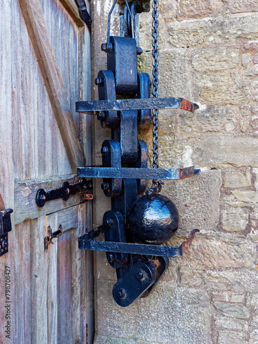 Detail of the Cast Iron Counterweight mechanism for opening and closing the Drawbridge at Broughty Castle near to Dundee.
