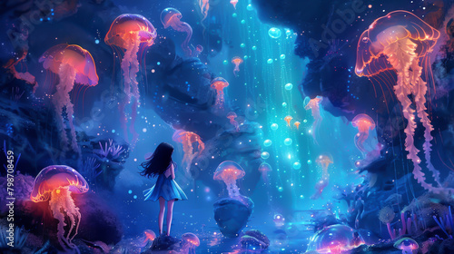 A watercolor scene of a cute mermaid exploring a luminous cave, surrounded by glowing jellyfish, photographic style , Prime Lenses ,high detailed