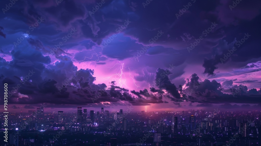 The silhouette of a city against a backdrop of dark clouds, intermittently lit by the vivid purple flashes of a distant storm.