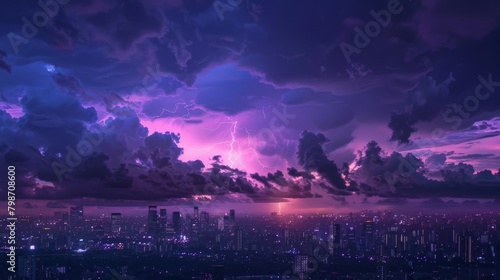 The silhouette of a city against a backdrop of dark clouds  intermittently lit by the vivid purple flashes of a distant storm.
