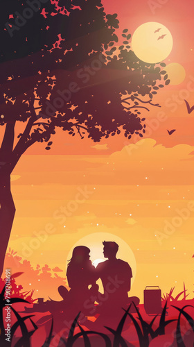 Cute couple picnic  relaxing under tree  flat design  sunset colors  low angle  graphic design   hyper realistic