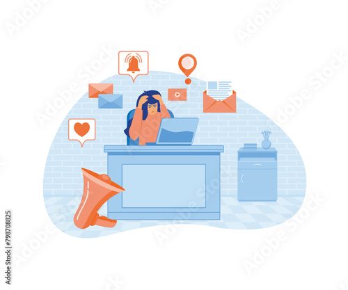 Digital overload concept. Overcome overload, employee psychological well being, gadget dependent life, device affect on human brain, digital burnout. flat vector modern illustration
