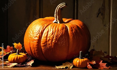 Thanksgiving dinner. Roasted turkey garnished with cranberries on a rustic style table decoraded with pumpkins, vegetables, pie, flowers and candles photo