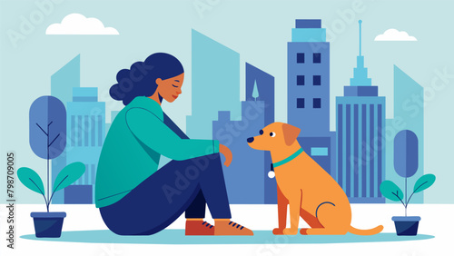 A person with PTSD finding respite from the bustling city streets through the calming presence of their service dog.. Vector illustration