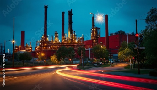 On a clear day, a red industrial plant with large chimneys and a factory stands, with traffic lights guiding the flow of traffic. Green trees enhance the beauty of the setting.