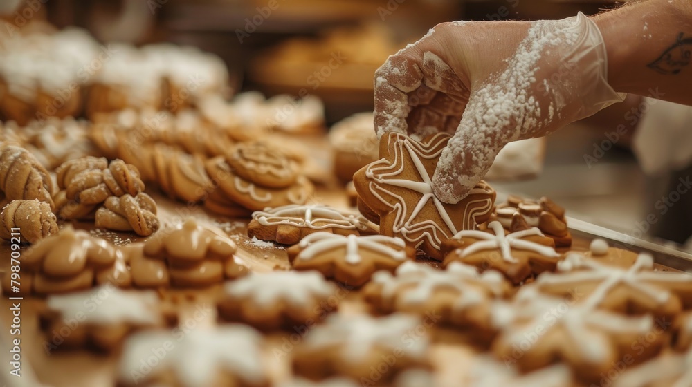 A baker skillfully decorating cookies with royal icing, with a blurred background of a busy bakery a A baker skillfully decorating cookies with royal icing, with a blurred background of a busy bakery a