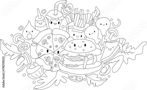 Kawaii hand drawn food coloring book illustration