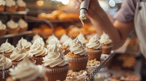 A baker skillfully piping frosting onto cupcakes, with a blurred background of a busy bakery and tra photo