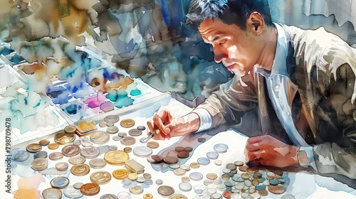 A watercolor painting of a man counting coins.