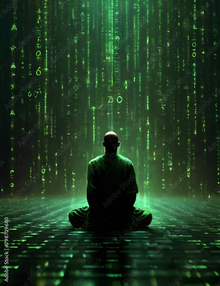 meditating monk, patterns similar to the matrix, binary code meditating monk, patterns similar to the matrix, binary code