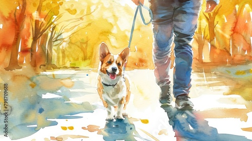 A watercolor painting of a person walking a corgi on a leash in an autumn setting. photo