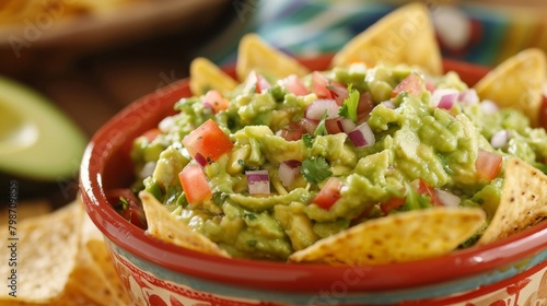 A colorful bowl of fresh, homemade guacamole, served with crispy tortilla chips for dipping --ar 16: