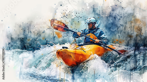 watercolor painting of a man kayaking in a rapid